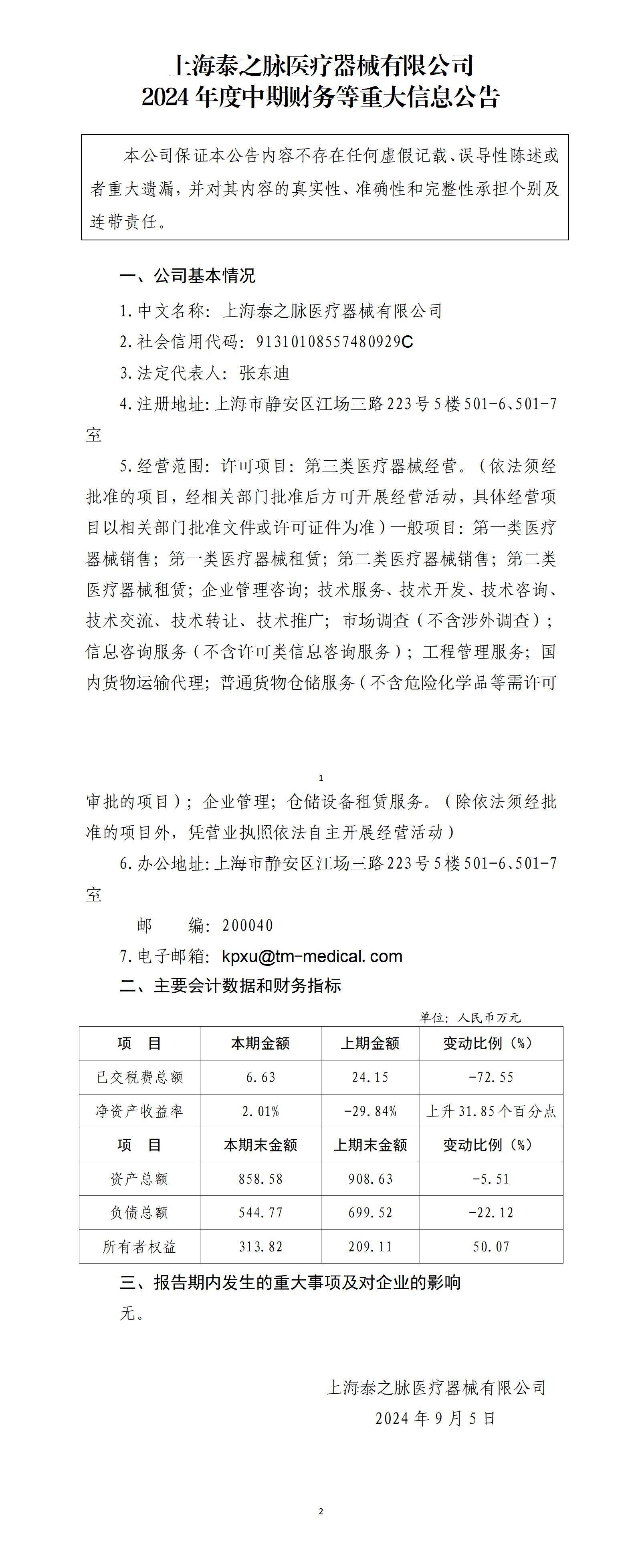 上海泰之脈醫(yī)療器械有限公司2024年中期財務等重大信息公告_01.jpg