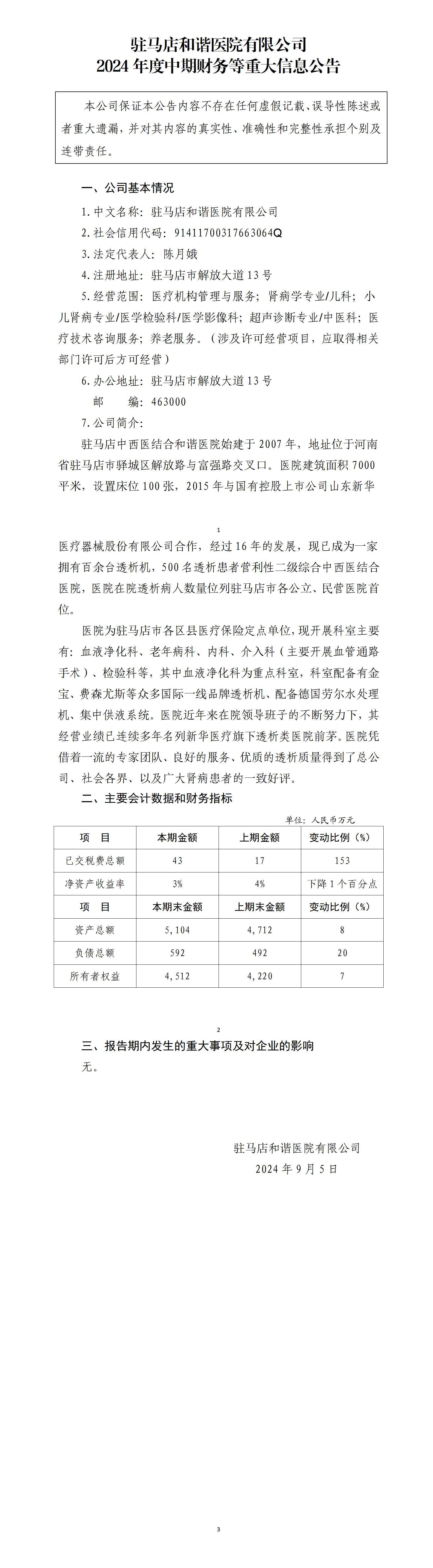 駐馬店和諧醫(yī)院有限公司2024年中期財(cái)務(wù)等重大信息公告_01.jpg