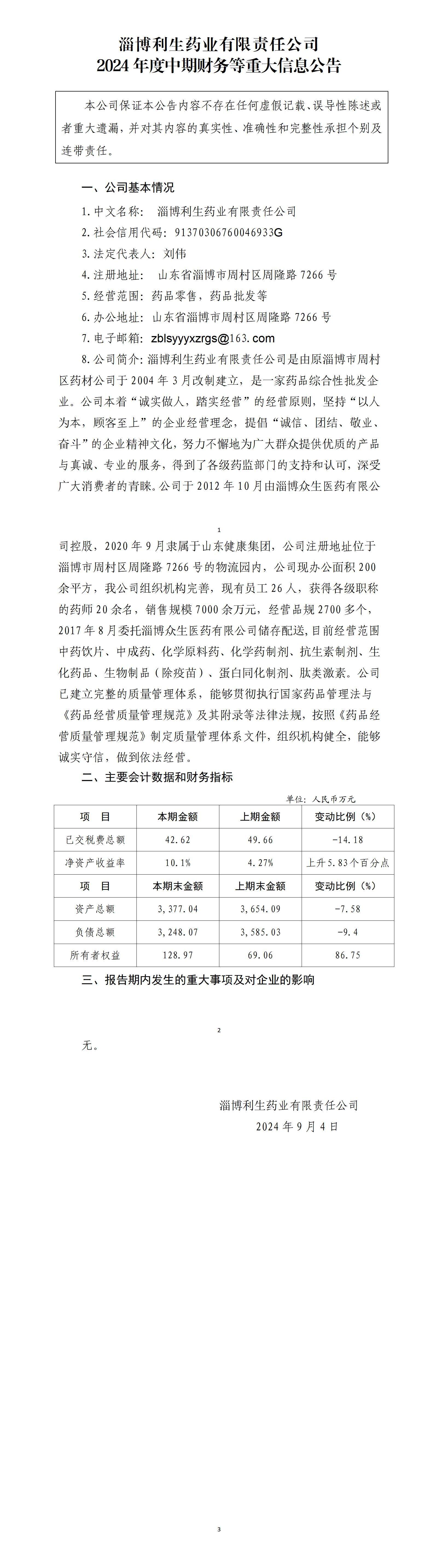 淄博利生藥業(yè)有限責任公司2024年中期財務等重大信息公告_01.jpg
